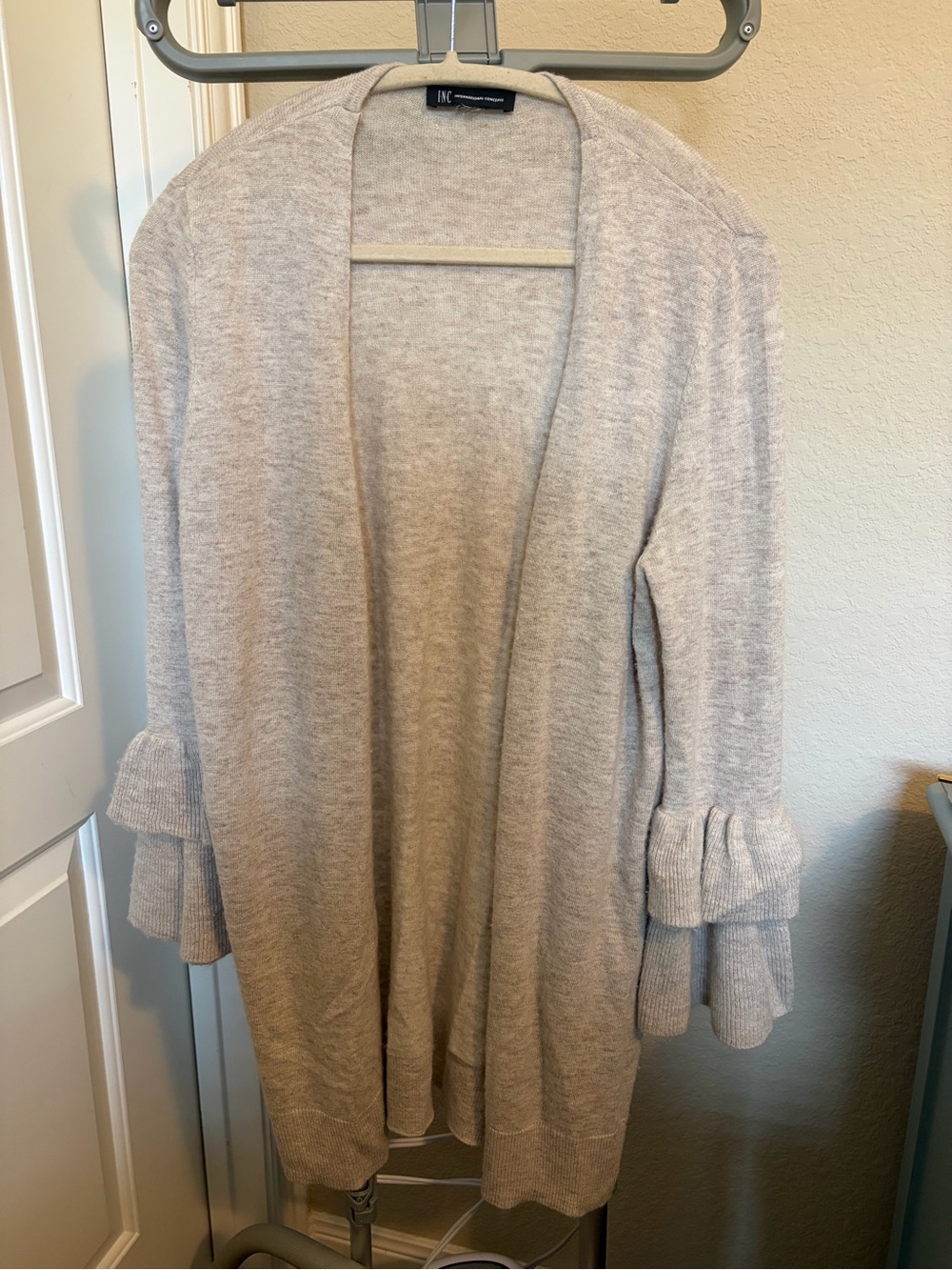 INC International Concepts Cream Open-Front Cardigan with Ruffle Sleeves